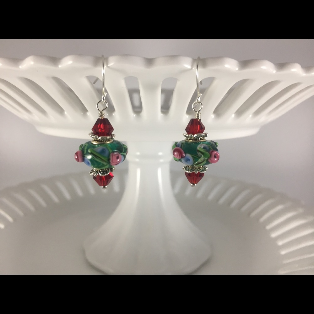 Handmade Earrings Unique Design  Green Red Silver .925 SS Ear Wires New